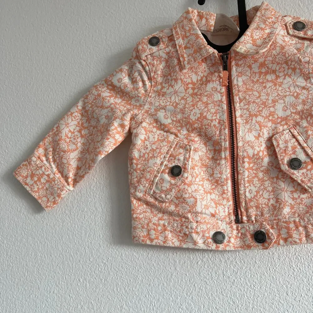 Genuine Kids OshKosh Peach & White Floral Denim Moto Jacket 12M Retro Picnic